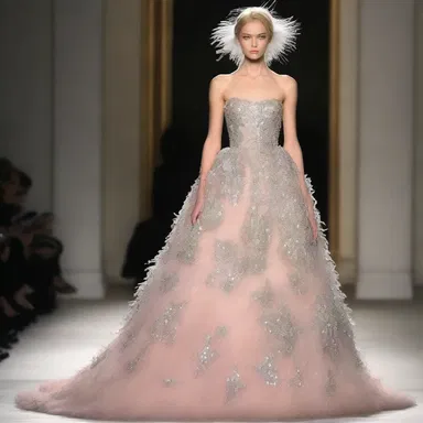 The designer created an unwarrantably extravagant dress, covered in rhinestones and feathers.