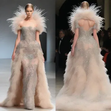 The designer created an unwarrantably extravagant dress, covered in rhinestones and feathers.