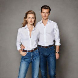 A tall, handsome, and hunky young man in his high-waisted jeans and formal shirt, striking a pose with the tall and beautiful model, Frida Gustavsson. Both look absolutely stunning.