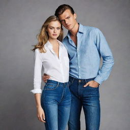 A tall, handsome, and hunky young man in his high-waisted jeans and formal shirt, striking a pose with the tall and beautiful model, Frida Gustavsson. Both look absolutely stunning.