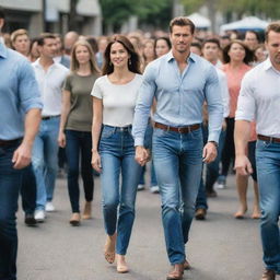 A tall, handsome, muscular man wearing high-waisted jeans and a formal shirt, walking with his tall and beautiful wife among a crowd of shorter people. Their undeniable height and beauty make them stand out in the gathering.