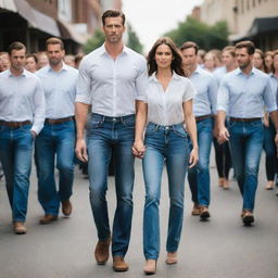 A tall, handsome, muscular man wearing high-waisted jeans and a formal shirt, walking with his tall and beautiful wife among a crowd of shorter people. Their undeniable height and beauty make them stand out in the gathering.