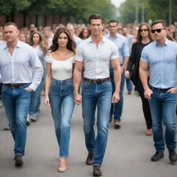 A tall, handsome, muscular man wearing high-waisted jeans and a formal shirt, walking with his tall and beautiful wife among a crowd of shorter people. Their undeniable height and beauty make them stand out in the gathering.