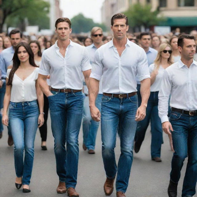 A tall, handsome, muscular man wearing high-waisted jeans and a formal shirt, walking with his tall and beautiful wife among a crowd of shorter people. Their undeniable height and beauty make them stand out in the gathering.