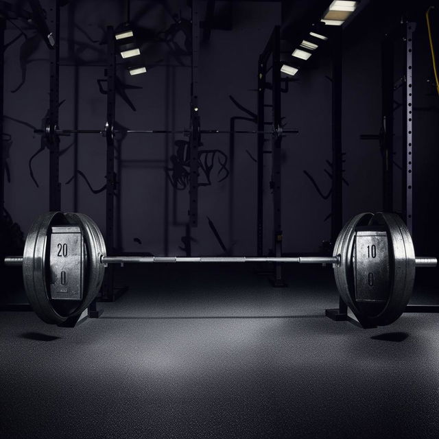 A gym barbell with shiny, silver 20kg plates on each side set on a clean, gym floor under bright, fluorescent lights.