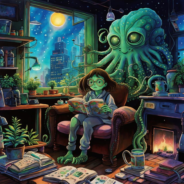 A luminescent alien in a cozy, cluttered apartment filled with earthly and extraterrestrial items, in the style of Studio Ghibli.