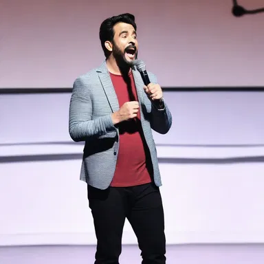 During the stand-up comedy show, the comedian made fun of himself and his funny experiences, causing the audience to burst into laughter.