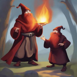 A high-quality digital art depiction of a hill dwarf wizard, garbed in traditional robes, with a fiery red beard