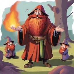 A high-quality digital art depiction of a hill dwarf wizard, garbed in traditional robes, with a fiery red beard