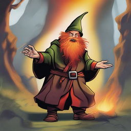 A high-quality digital art depiction of a hill dwarf wizard, garbed in traditional robes, with a fiery red beard