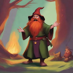 A high-quality digital art depiction of a hill dwarf wizard, garbed in traditional robes, with a fiery red beard