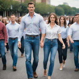 A tall, handsome, muscular man in high-waisted jeans and a formal shirt walks proudly with his tall, beautiful wife in a crowd. Their towering height and distinctive charm make them stand out, appearing giant-like amidst the shorter people.