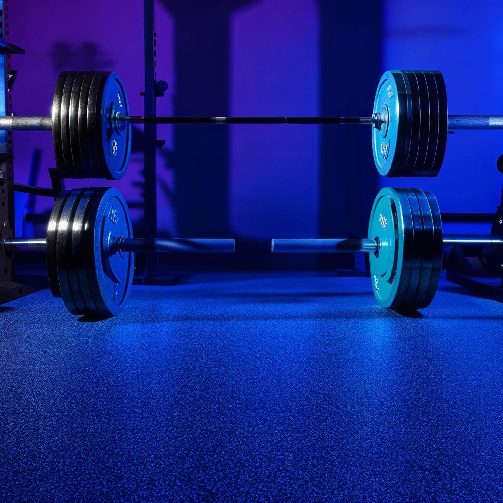 A gym barbell with shiny, silver 20kg plates on each side set on a clean, gym floor under bright, fluorescent lights.