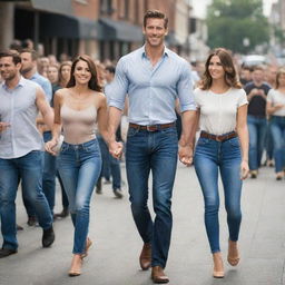 A tall, handsome, muscular man in high-waisted jeans and a formal shirt walks proudly with his tall, beautiful wife in a crowd. Their towering height and distinctive charm make them stand out, appearing giant-like amidst the shorter people.