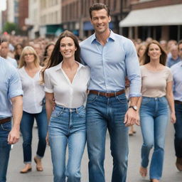 A tall, handsome, muscular man in high-waisted jeans and a formal shirt walks proudly with his tall, beautiful wife in a crowd. Their towering height and distinctive charm make them stand out, appearing giant-like amidst the shorter people.