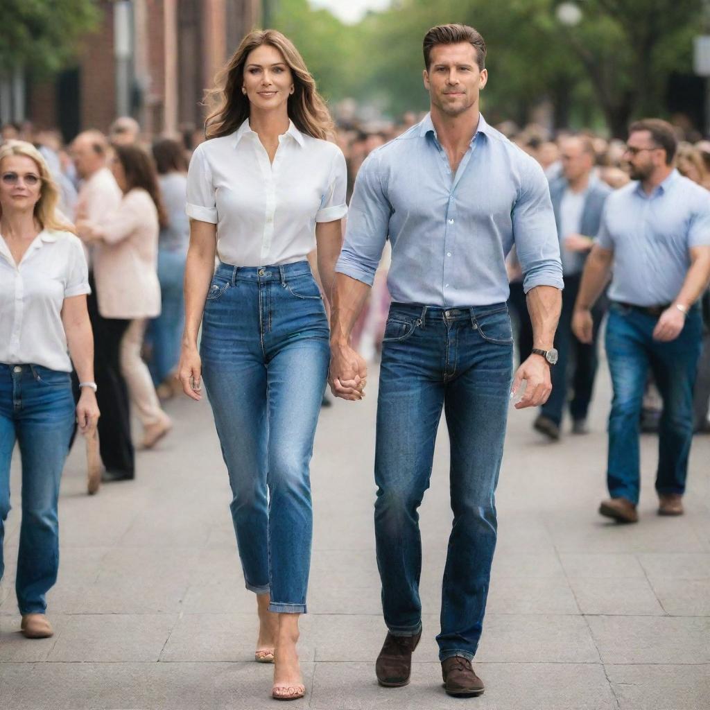 A tall, handsome, muscular man in high-waisted jeans and a formal shirt walks proudly with his tall, beautiful wife in a crowd. Their towering height and distinctive charm make them stand out, appearing giant-like amidst the shorter people.