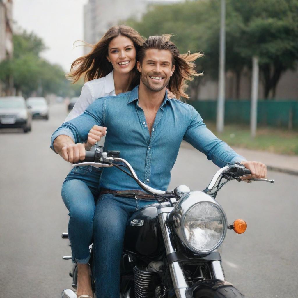 A tall, handsome, muscular man in high-waisted jeans and a formal shirt riding a large motorbike, with his tall and stunningly beautiful wife sitting behind him, sharing the thrill of the ride.