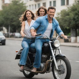 A tall, handsome, muscular man in high-waisted jeans and a formal shirt riding a large motorbike, with his tall and stunningly beautiful wife sitting behind him, sharing the thrill of the ride.