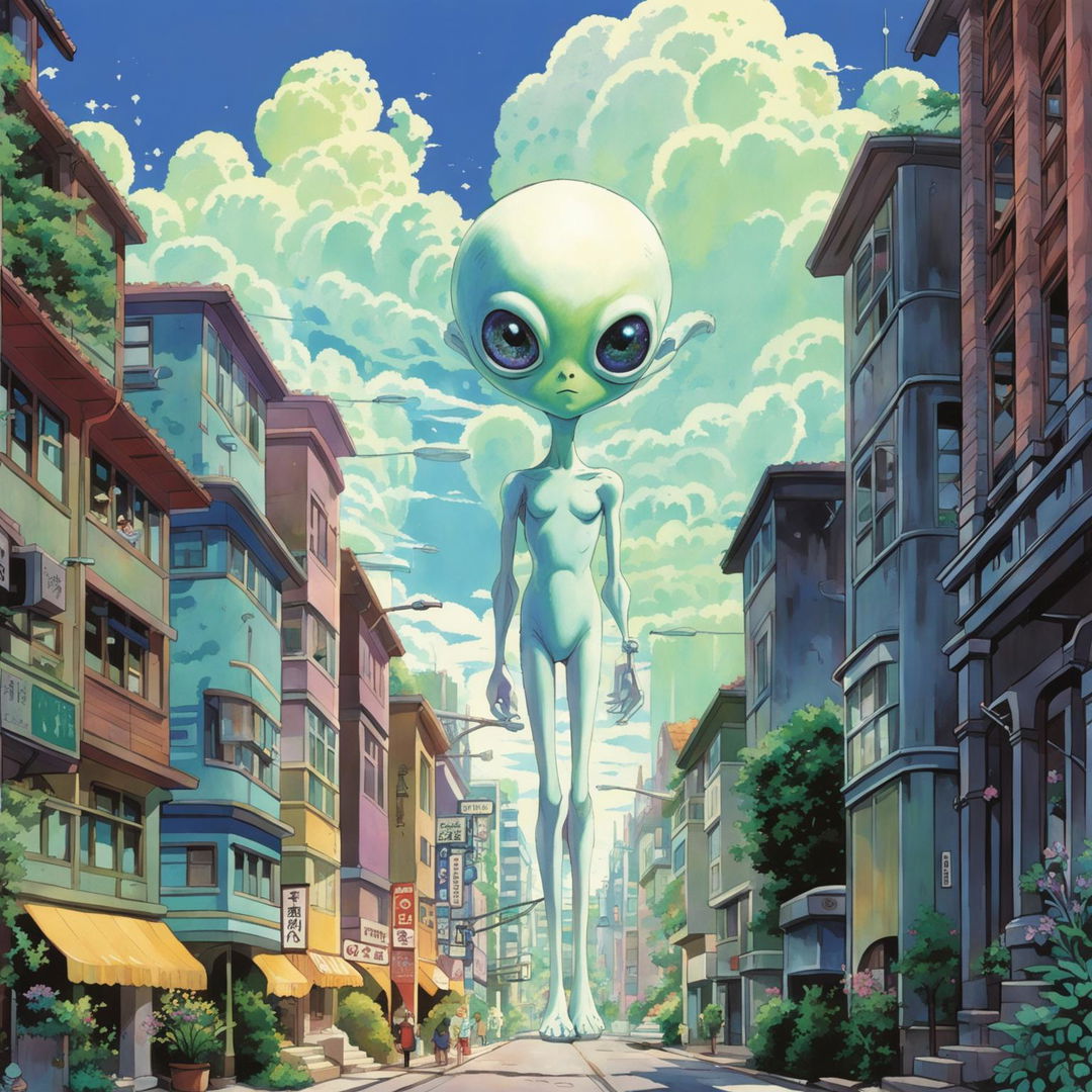 Studio Ghibli-style illustration of an alien visitor in a bustling city on a warm summer day.