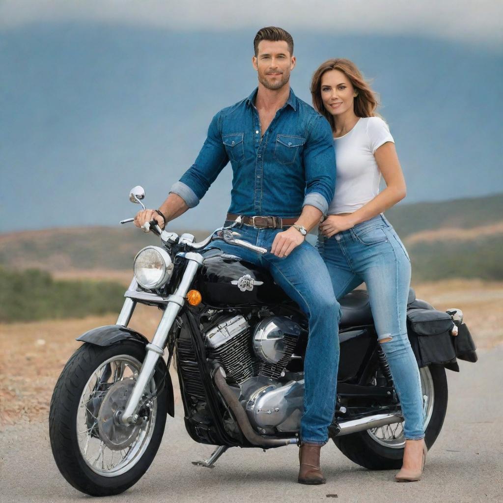 A tall, handsome, muscular man in high-waisted jeans and a formal shirt standing proudly on a big motorbike, with his tall and stunningly beautiful wife standing beside him, against the backdrop of a stunning vista.