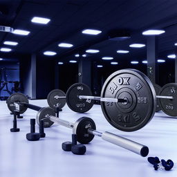 A gym barbell with shiny, silver 20kg plates on each side set on a clean, gym floor under bright, fluorescent lights.