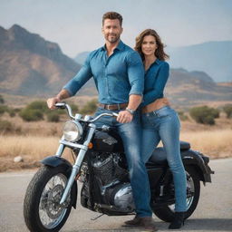 A tall, handsome, muscular man in high-waisted jeans and a formal shirt standing proudly on a big motorbike, with his tall and stunningly beautiful wife standing beside him, against the backdrop of a stunning vista.