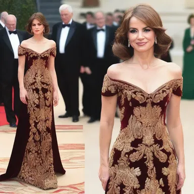 The elegant lady wore a velvet gown embellished with a gold sou.