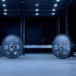 A gym barbell with shiny, silver 20kg plates on each side set on a clean, gym floor under bright, fluorescent lights.