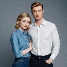 A tall, striking young man in high-waisted jeans and a formal shirt, posing elegantly with the tall and stunningly beautiful actress Elizabeth Debicki. Their combined charm and good looks are absolutely mesmerizing.