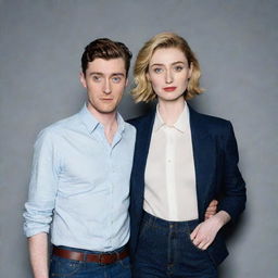 A tall, striking young man in high-waisted jeans and a formal shirt, posing elegantly with the tall and stunningly beautiful actress Elizabeth Debicki. Their combined charm and good looks are absolutely mesmerizing.