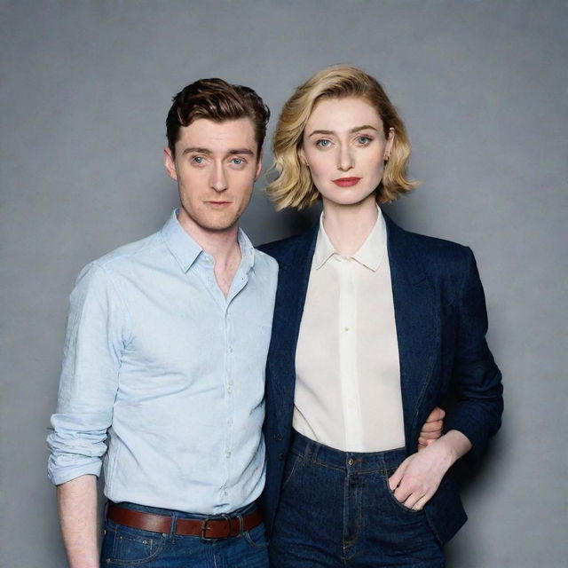 A tall, striking young man in high-waisted jeans and a formal shirt, posing elegantly with the tall and stunningly beautiful actress Elizabeth Debicki. Their combined charm and good looks are absolutely mesmerizing.