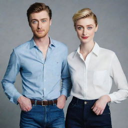 A tall, striking young man in high-waisted jeans and a formal shirt, posing elegantly with the tall and stunningly beautiful actress Elizabeth Debicki. Their combined charm and good looks are absolutely mesmerizing.