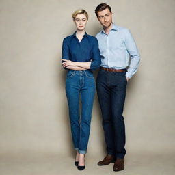 A tall, striking young man in high-waisted jeans and a formal shirt, posing elegantly with the tall and stunningly beautiful actress Elizabeth Debicki. Their combined charm and good looks are absolutely mesmerizing.