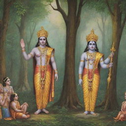 Generate a split image where on one side, Lord Rama is having his coronation, and on the other, he is out in vanvas (exile) in the forest. The image should be simple and easy to draw.