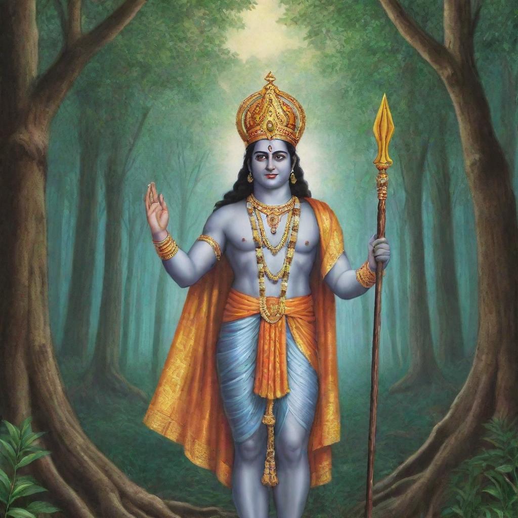 Generate a split image where on one side, Lord Rama is having his coronation, and on the other, he is out in vanvas (exile) in the forest. The image should be simple and easy to draw.