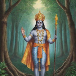 Generate a split image where on one side, Lord Rama is having his coronation, and on the other, he is out in vanvas (exile) in the forest. The image should be simple and easy to draw.
