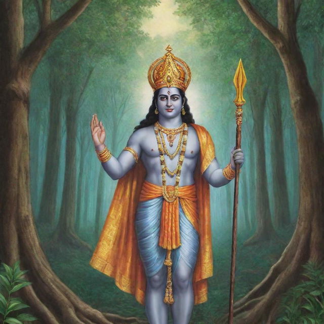 Generate a split image where on one side, Lord Rama is having his coronation, and on the other, he is out in vanvas (exile) in the forest. The image should be simple and easy to draw.