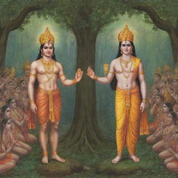 Generate a split image where on one side, Lord Rama is having his coronation, and on the other, he is out in vanvas (exile) in the forest. The image should be simple and easy to draw.