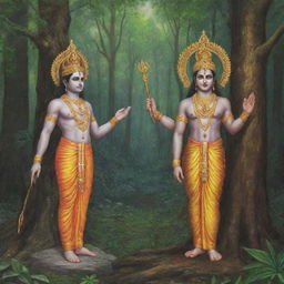 Generate a split image where on one side, Lord Rama is having his coronation, and on the other, he is out in vanvas (exile) in the forest. The image should be simple and easy to draw.