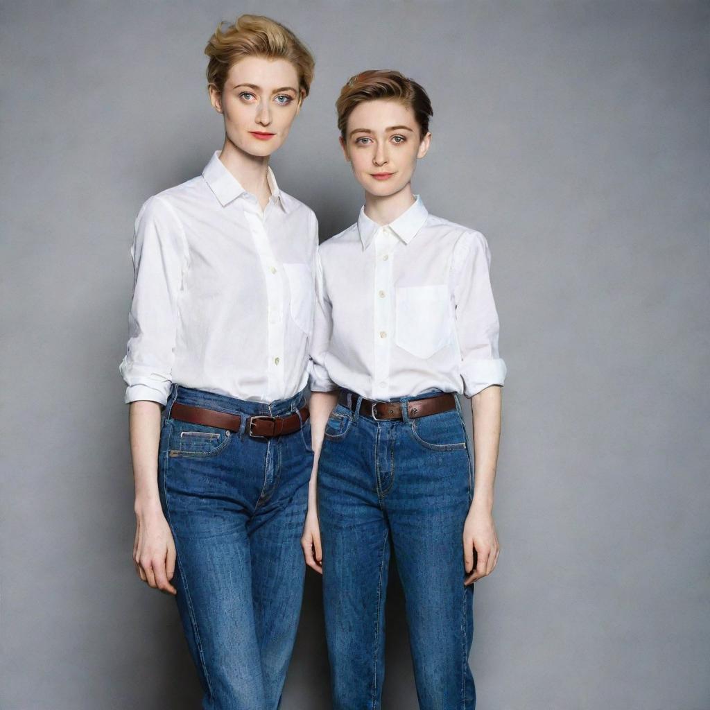 An unusually tall and cute 8-year-old boy, dressed in high waisted jeans and a formal shirt, posing confidently with the tall and beautiful actress Elizabeth Debicki. Their contrast in ages adds a lovely charm to the image.