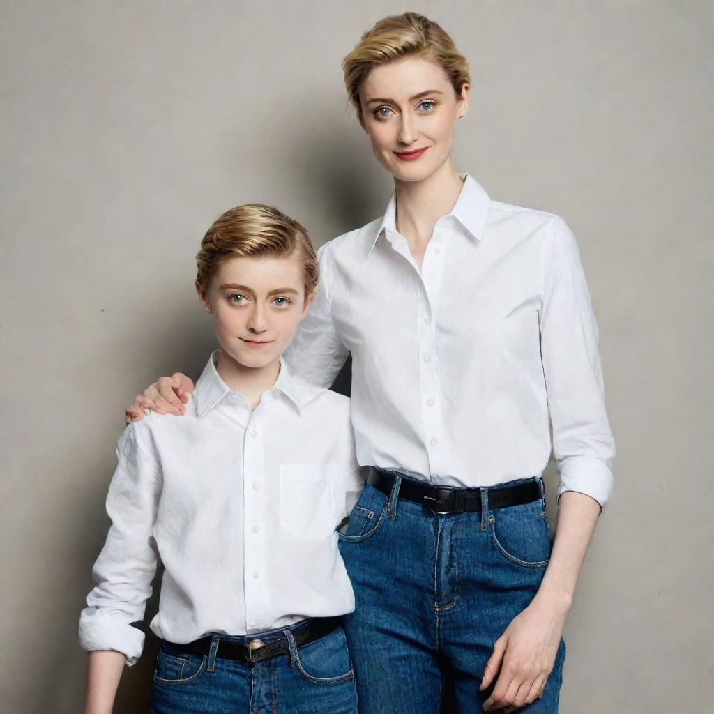 An unusually tall and cute 8-year-old boy, dressed in high waisted jeans and a formal shirt, posing confidently with the tall and beautiful actress Elizabeth Debicki. Their contrast in ages adds a lovely charm to the image.