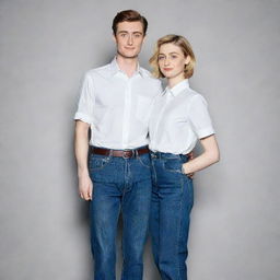 An unusually tall and cute 8-year-old boy, dressed in high waisted jeans and a formal shirt, posing confidently with the tall and beautiful actress Elizabeth Debicki. Their contrast in ages adds a lovely charm to the image.