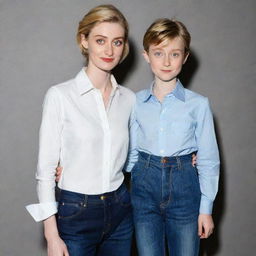 An unusually tall and cute 8-year-old boy, dressed in high waisted jeans and a formal shirt, posing confidently with the tall and beautiful actress Elizabeth Debicki. Their contrast in ages adds a lovely charm to the image.