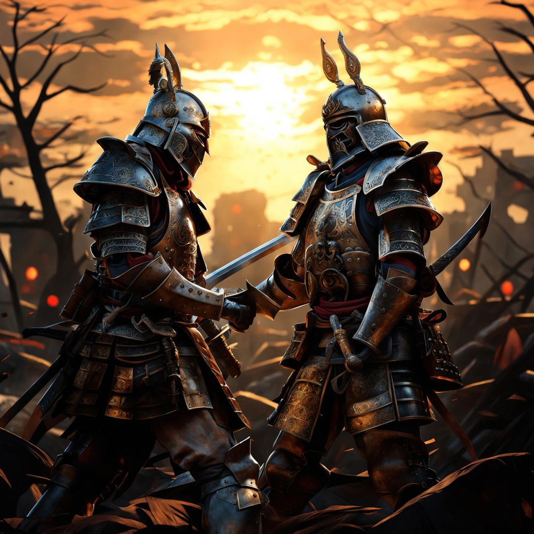 A knight in gleaming silver armor and a samurai in dark ornate armor stand on a desolate battlefield, locked in an epic showdown under the setting sun.