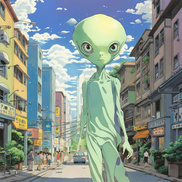 Studio Ghibli-style illustration of a human-sized alien visitor in a bustling city on a warm summer day.