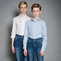 A shockingly tall and adorable 8-year-old boy, dressed in high waisted jeans and a formal shirt, confidently standing toe to toe with the toweringly beautiful actress Elizabeth Debicki. Their contrasting ages and sizes add a captivating dynamic to the image.