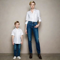 A shockingly tall and adorable 8-year-old boy, dressed in high waisted jeans and a formal shirt, confidently standing toe to toe with the toweringly beautiful actress Elizabeth Debicki. Their contrasting ages and sizes add a captivating dynamic to the image.