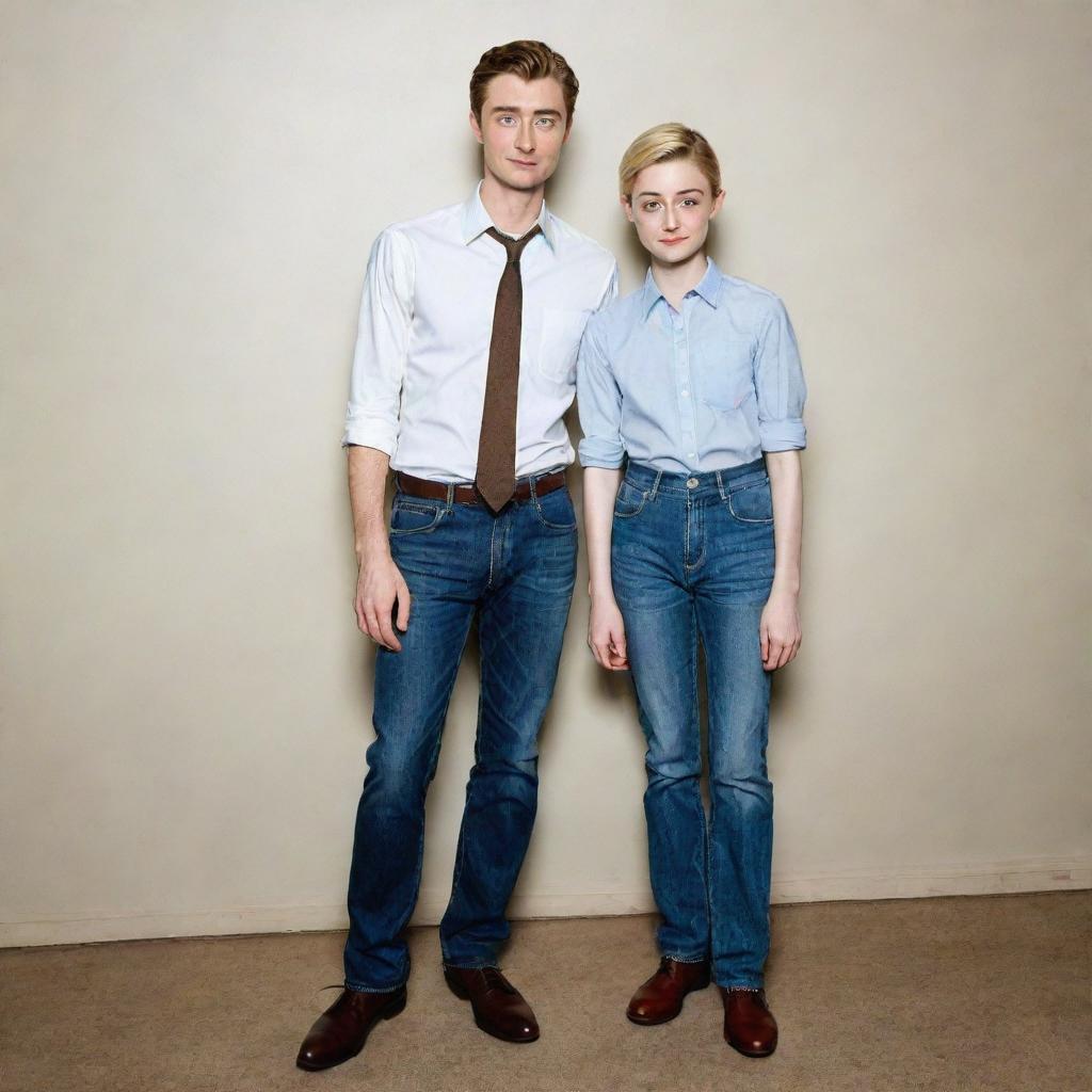 A shockingly tall and adorable 8-year-old boy, dressed in high waisted jeans and a formal shirt, confidently standing toe to toe with the toweringly beautiful actress Elizabeth Debicki. Their contrasting ages and sizes add a captivating dynamic to the image.