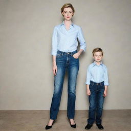 A shockingly tall and adorable 8-year-old boy, dressed in high waisted jeans and a formal shirt, confidently standing toe to toe with the toweringly beautiful actress Elizabeth Debicki. Their contrasting ages and sizes add a captivating dynamic to the image.