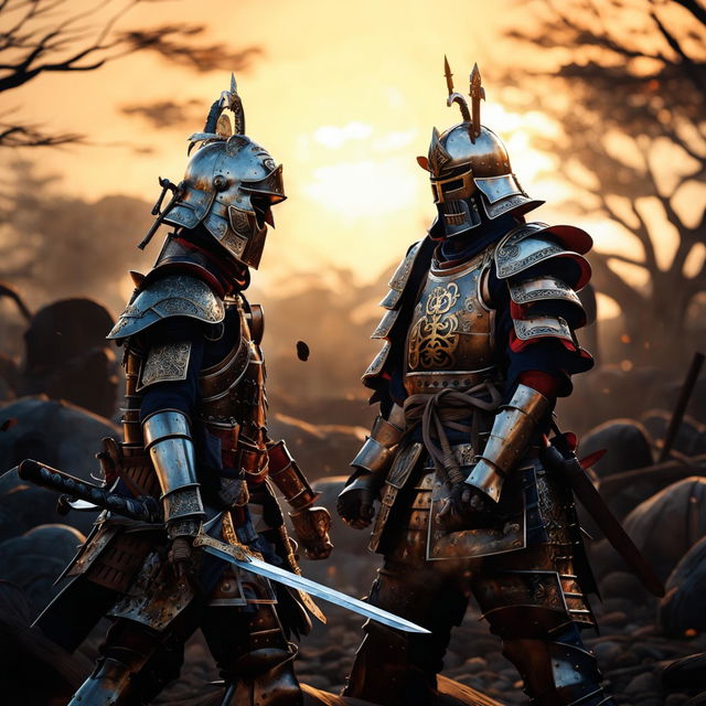 A knight in gleaming silver armor faces off against a samurai in dark ornate armor on a desolate battlefield under a setting sun.